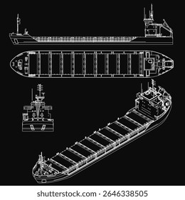Detailed blueprint of a large cargo ship on a black background, featuring the hull, superstructure, and intricate design elements. The technical drawing highlights the vessel's complex layout and.
