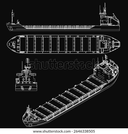 Detailed blueprint of a large cargo ship on a black background, featuring the hull, superstructure, and intricate design elements. The technical drawing highlights the vessel's complex layout and.