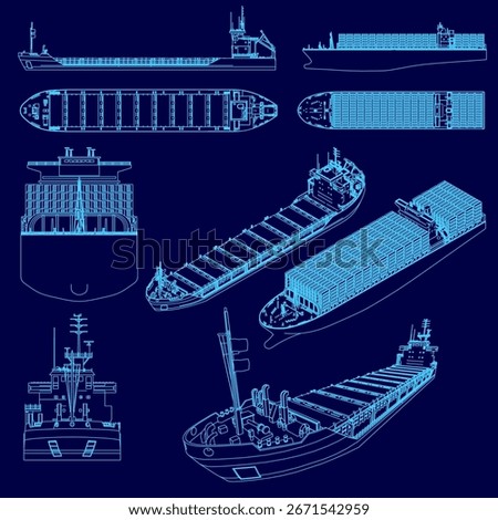 A detailed blueprint of a large cargo ship features intricate contours of the hull, superstructure, and other components. The white ship design contrasts sharply against the solid blue background.