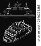 Detailed blueprint of a large cruise ship on a black background, showcasing the hull, deck, and intricate structural components. The technical illustration highlights the ship's design with precision.