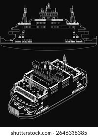 Plano detalhado de um navio de cruzeiro grande em um fundo preto, mostrando o casco, convés e intrincados componentes estruturais. A ilustração técnica destaca o projeto do navio com precisão.