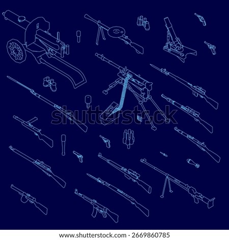 A detailed blueprint of a machine gun on a blue background, featuring labeled components like the barrel, muzzle, and scope. The technical drawing highlights the weapon's contour with precision.