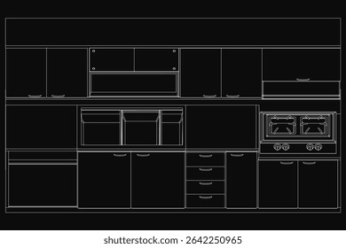 Projeto detalhado de uma cozinha moderna com armários e gavetas pretos, com um fogão, forno e armários. As linhas de contorno destacam o layout preciso e o design funcional do.