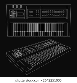 A detailed blueprint of a musical synthesizer on a black background, showcasing its intricate components and electronic circuitry. The technical drawing highlights knobs, keys, and wiring with.