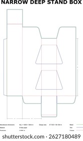 Esquema detalhado de uma caixa de suporte estreita e profunda, mostrando as dimensões precisas para o design da embalagem e para fins de fabricação.