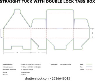 Detailed blueprint packaging die cut of straight tuck with double lock tabs box