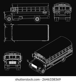 Detailed blueprint of a school bus on a black background, featuring headlights, grille, and wheels in sharp focus. The clean design highlights the vehicle's structure with precision.