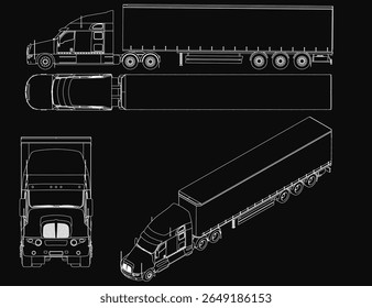 Plano pormenorizado de um semircaminhão com vagões sobre fundo preto, com linhas vetoriais precisas e especificações técnicas. O design limpo destaca a estrutura e mecânica do caminhão.