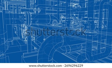 A detailed blueprint showcasing an intricate network of industrial pipes and machinery, highlighting various components and connections in a technical layout. Vector. 3D Illustration