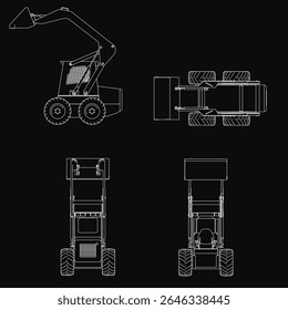 Um projeto detalhado de um carregador de deslizamento com um fundo preto, mostrando seu design vetorial preciso. A ilustração destaca os principais componentes, como o balde, o chassi e o sistema hidráulico.