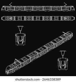 A detailed blueprint of a subway train on a black background, featuring precise vector lines and technical design elements. The passenger train illustration is clean and scalable