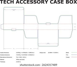 Detailed blueprint of a tech accessory case box with precise dimensions and design elements