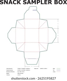 Detailed blueprint or template diagram of a snack sampler box with measurements and dimensions for packaging.