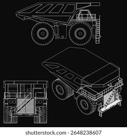 Detailed blueprint of three dump trucks on a black background, featuring different sizes and shapes with the largest centered. Clear details include headlights, grilles, and wheels, highlighting.