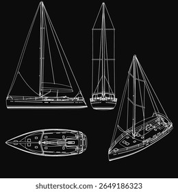 Plano pormenorizado de três veleiros dispostos numa formação triangular sobre um fundo preto. O maior iate é centrado, flanqueado por dois barcos menores, com mastros claramente definidos, velas