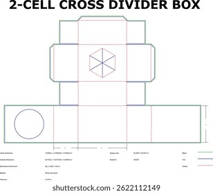 Detailed blueprint of a two-cell cross divider box with dimensional specifications for packaging design and production
