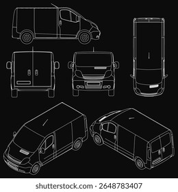 Detailed blueprint of a van on a black background, featuring precise outlines of headlights, grille, and wheels. The design highlights windows, doors.