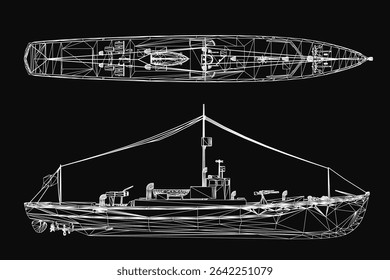 Projeto detalhado de um modelo de navio de guerra com linhas intrincadas e formas geométricas, mostrando um design complexo em um fundo escuro. O desenho técnico destaca componentes estruturais e precisa.