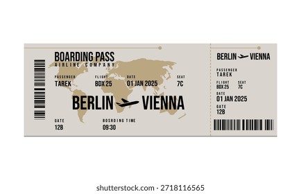 Una tarjeta de embarque detallada para un vuelo entre Berlín y Viena con todos los datos de viaje.