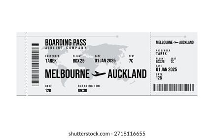 Um cartão de embarque detalhado para um voo entre Melbourne e Auckland é mostrado.