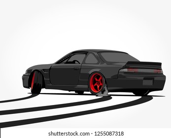 detailed body and rims of a drifting car cartoon vector illustration art in wide screen ratio