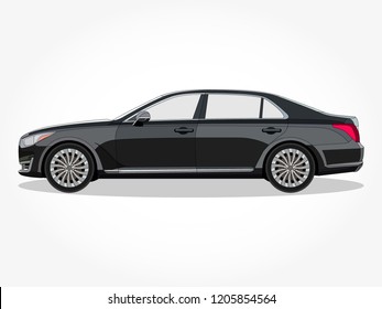 detailed body and rims of a flat colored car cartoon with black stroke and shadow effect in wide screen ratio