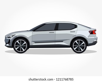 detailed body and rims of a flat colored car cartoon vector illustration with black stroke and shadow effect in wide screen ratio
