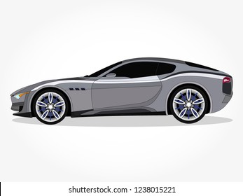 detailed body and rims of a flat colored car cartoon vector illustration with black stroke and shadow effect in wide screen ratio