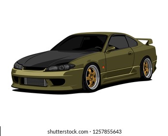 Detailed Body And Rims Of A Flat Colored Car Cartoon Vector Illustration Art With Shadow Effect In Wide Screen Ratio