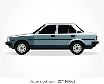 detailed body and rims of a flat colored classic car cartoon vector illustration with black stroke and shadow effect in wide screen ratio