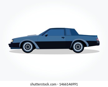 detailed body and rims of a flat colored car cartoon vector illustration with black stroke and shadow effect