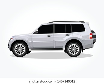 detailed body and rims of a flat colored SUV car cartoon vector illustration with black stroke and shadow effect