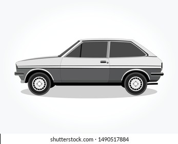 detailed body and rims of a flat colored classic hatchback car cartoon vector illustration with black stroke and shadow effect