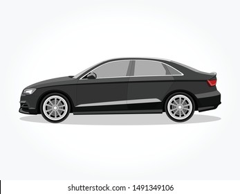 detailed body and rims of a flat colored black sedan car cartoon vector illustration with black stroke and shadow effect