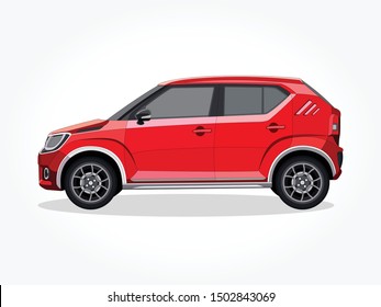 detailed body and rims of a flat colored car cartoon vector illustration with black stroke and shadow effect