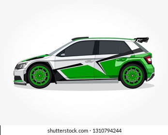 detailed body and rims of a green white colored car cartoon vector illustration with black stroke and shadow effect in wide screen ratio