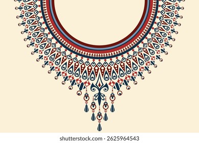 Detailed bohemian collar ornament in Persian Red and Midnight Teal tones on a cream background, perfect for ethnic fashion prints, digital embroidery, or jewelry template design.