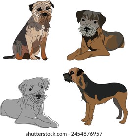 Detailed Border terrier. Cute dog logo design, trendy colors, terrier breed pet character postcard art. Funny dog mascot. Sitting pose, laying, staying. Contour, line art dog, terrier silhouette.