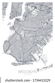 Detailed Borough Map Of Brooklyn New York City, Vector Poster Or Postcard For City Road And Park Plan