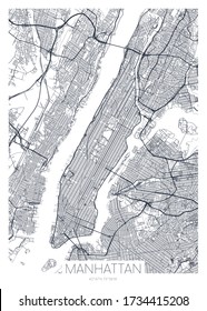 Detailed borough map of Manhattan New York city, vector poster or postcard for city road and park plan