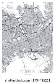 Detailed borough map of Queens New York city, vector poster or postcard for city road and park plan