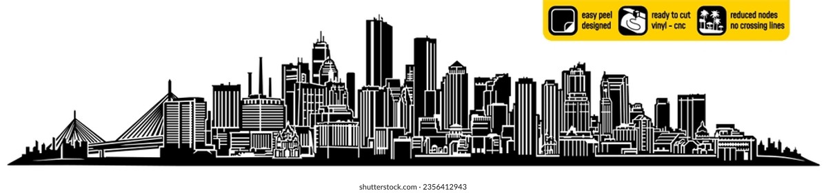 Detailed Boston skyline vector, Massachusetts USA created for vinyl cutting. Landmarks in a single design cnc plasma. Vinyl ready design. Wall sticker. Wall decal. Black and white silhouette.