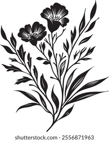 A detailed botanical illustration of a plant featuring two prominent flowers with intricate petal designs