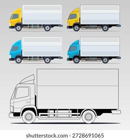 Conjunto de Vector de camión de caja detallado con diseños limpios de vista lateral, estilo moderno y múltiples variaciones de color para usos de logística, entrega, transporte e infografía. Formato EPS totalmente editable.