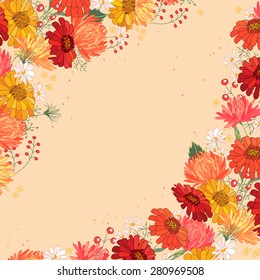 Detailed bright greeting card with gerbera and berries isolated on white. Square frame  for your design, greeting cards, announcements, posters. 