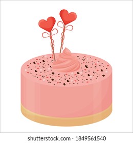Detailed and bring pink romantic cake, for greeting glazed isolated on white background. Festive element, clipart.
