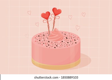 Detailed and bring pink romantic cake, for greeting Valentine day, glazed on abstract modern background. Poster, banner or greeting card.
