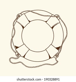 Detailed brown outlines nautical life buoy isolated on beige background. Ship element. Vector Illustration.