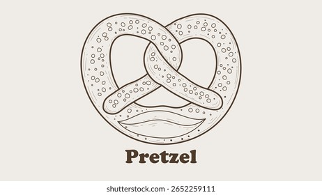 Esboço marrom detalhado de um pretzel em um fundo bege mostrando sua torção característica e grãos de sal. A palavra Pretzel está escrita abaixo da obra de arte.