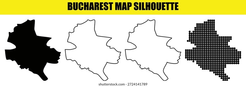 A coleção detalhada de silhuetas de mapas de bucareste fornece quatro estilos versáteis para design, incluindo preenchimento branco de forma preta sólida borda de linha fina e mapa de textura de padrão pontilhado criativo